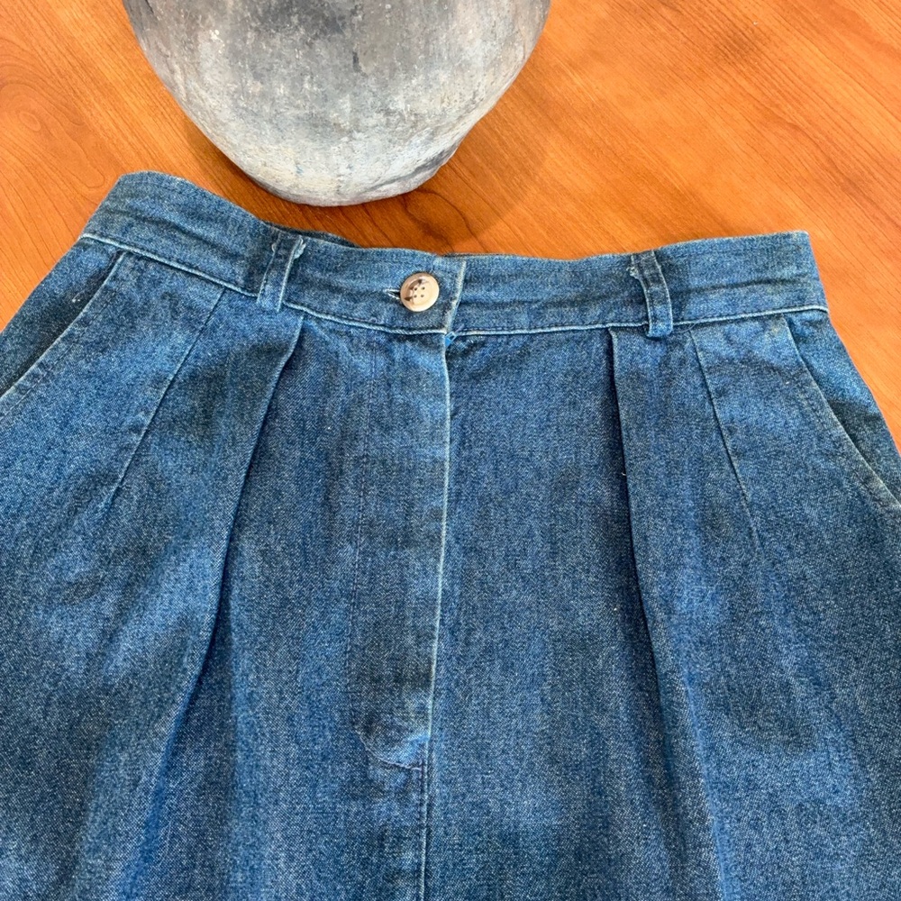 High Rise Blue Skirt with Pleated Front and Back Button Detail